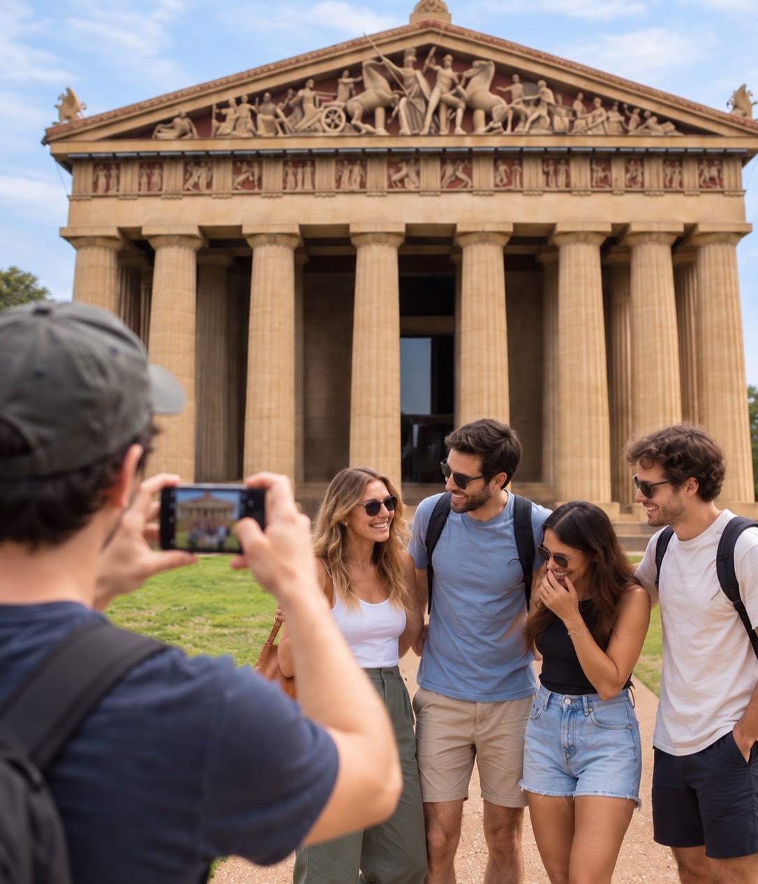 A Personal Paparazzi photographing four friends in front of the Parthenon at Centennial Park in Nashville.
